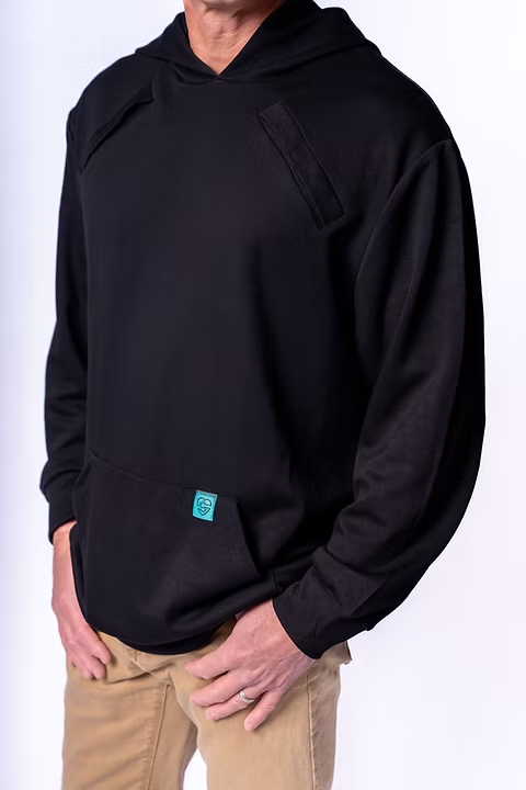 Black BCOMFY PortPocket hooded sweatshirt with kangaroo pocket and teal tag